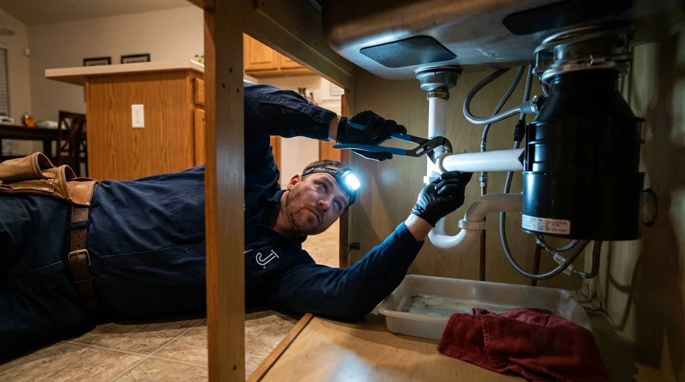 P-trap and supply line connections under a kitchen sink showing a common leak point in Richmond, KY